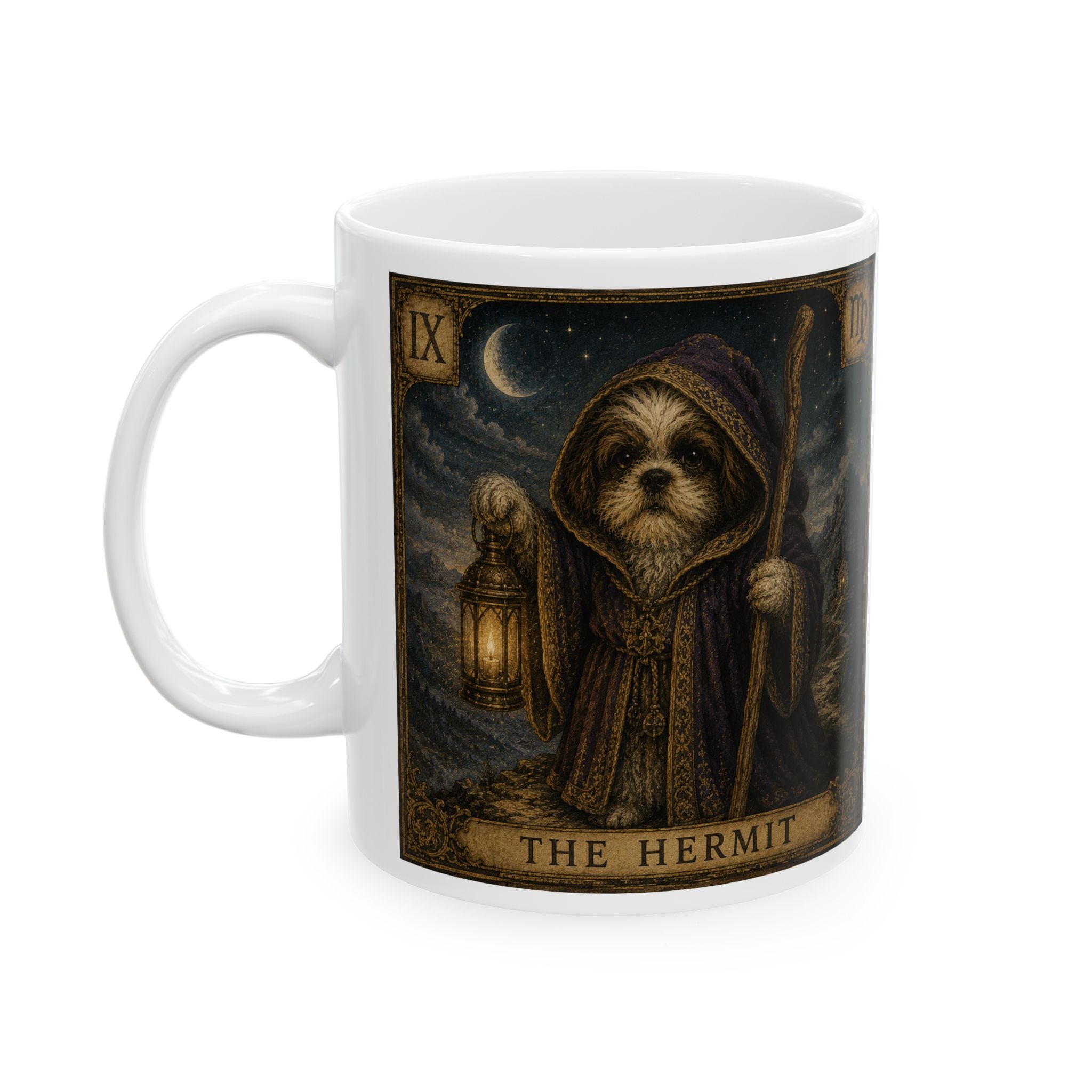 Tarot Moonlight Ceramic Mug — The Hermit Tarot Card Illustration (11oz, 15oz)