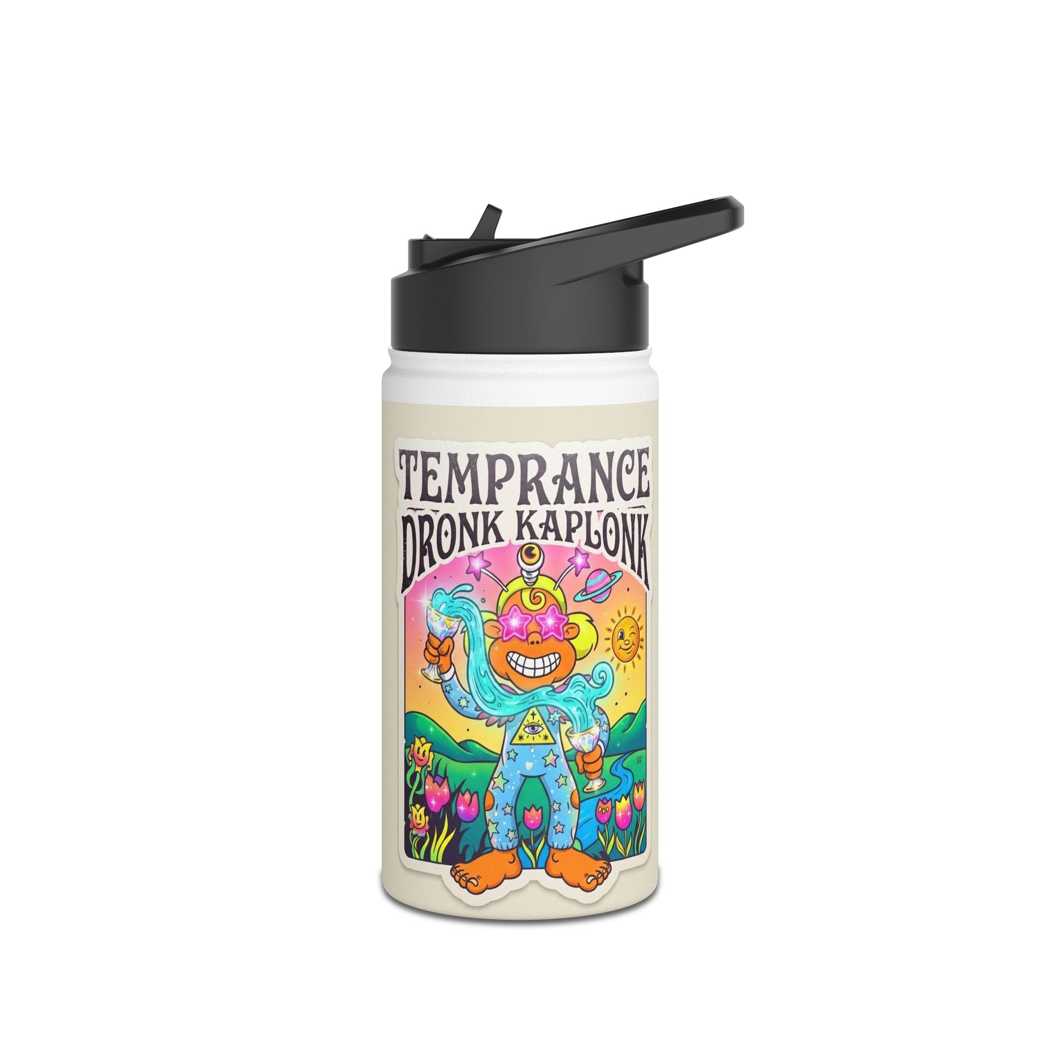 Temperance Dronk Kaplonk Stainless Steel Water Bottle — Colorful Psychedelic Character Design