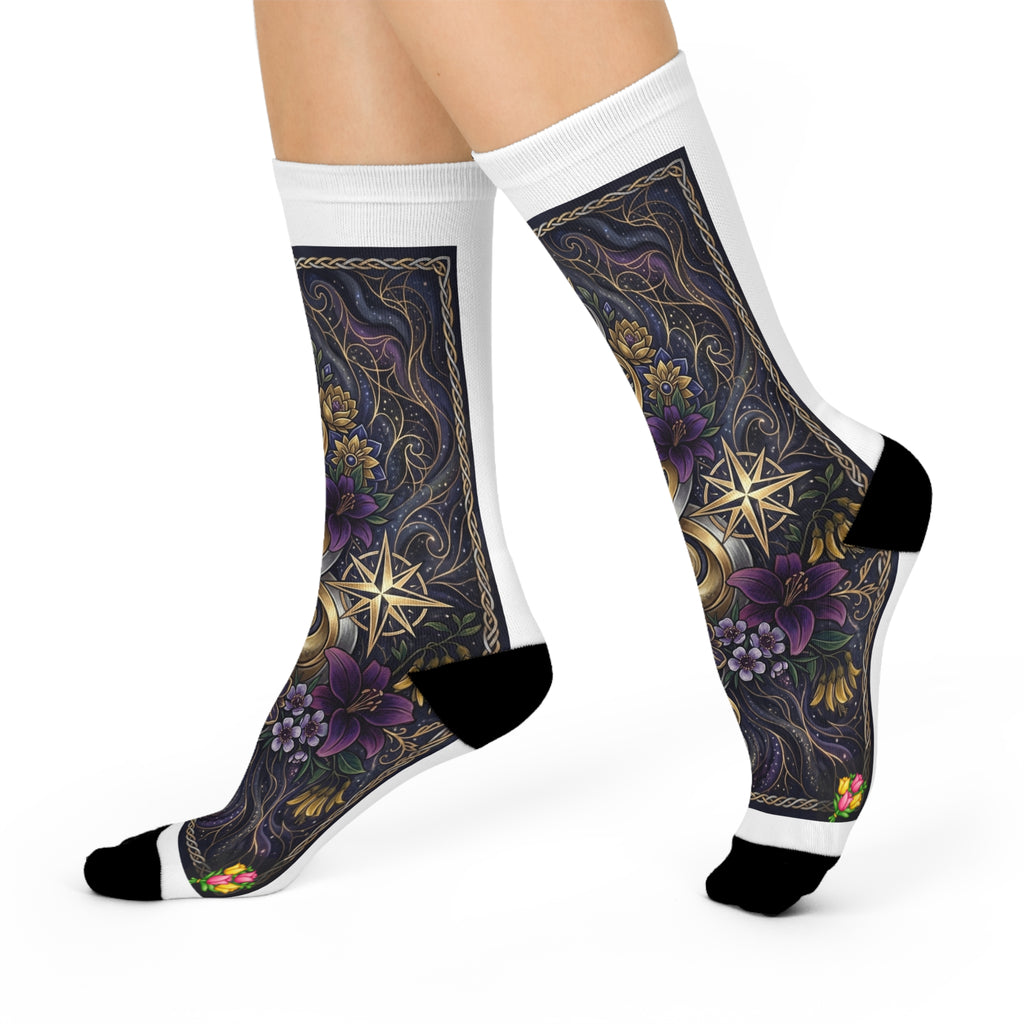 Mystic Gold Compass Crew Socks — Gothic Floral Nautical Design