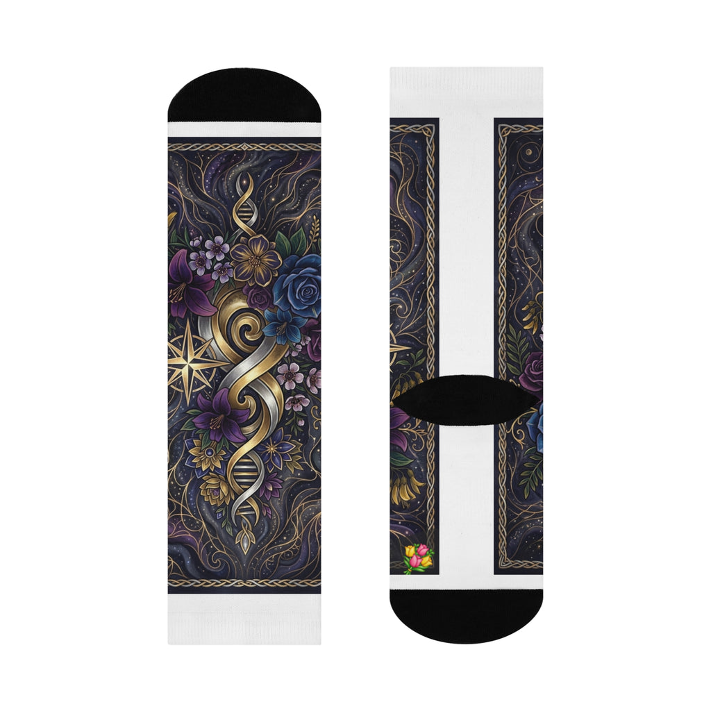 Mystic Gold Compass Crew Socks — Gothic Floral Nautical Design