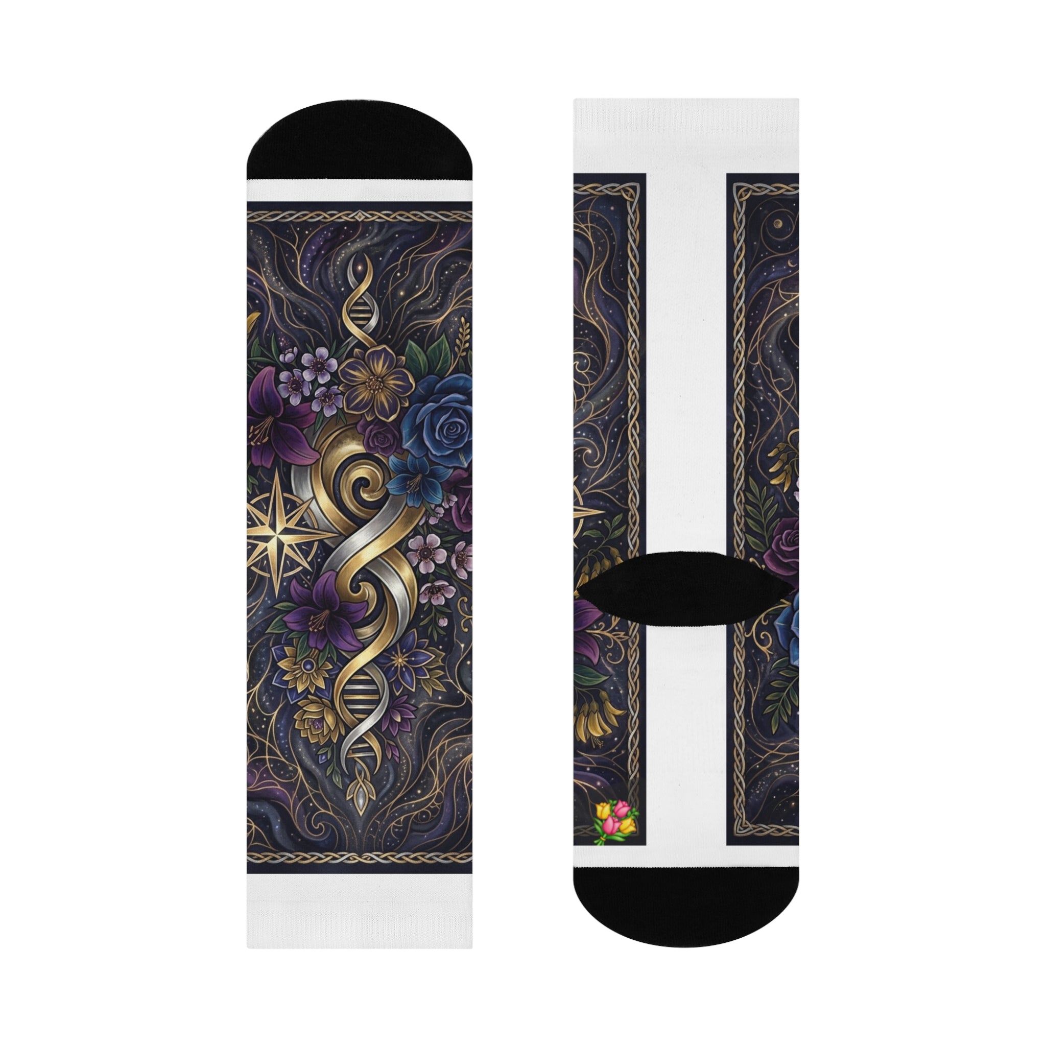 Mystic Gold Compass Crew Socks — Gothic Floral Nautical Design