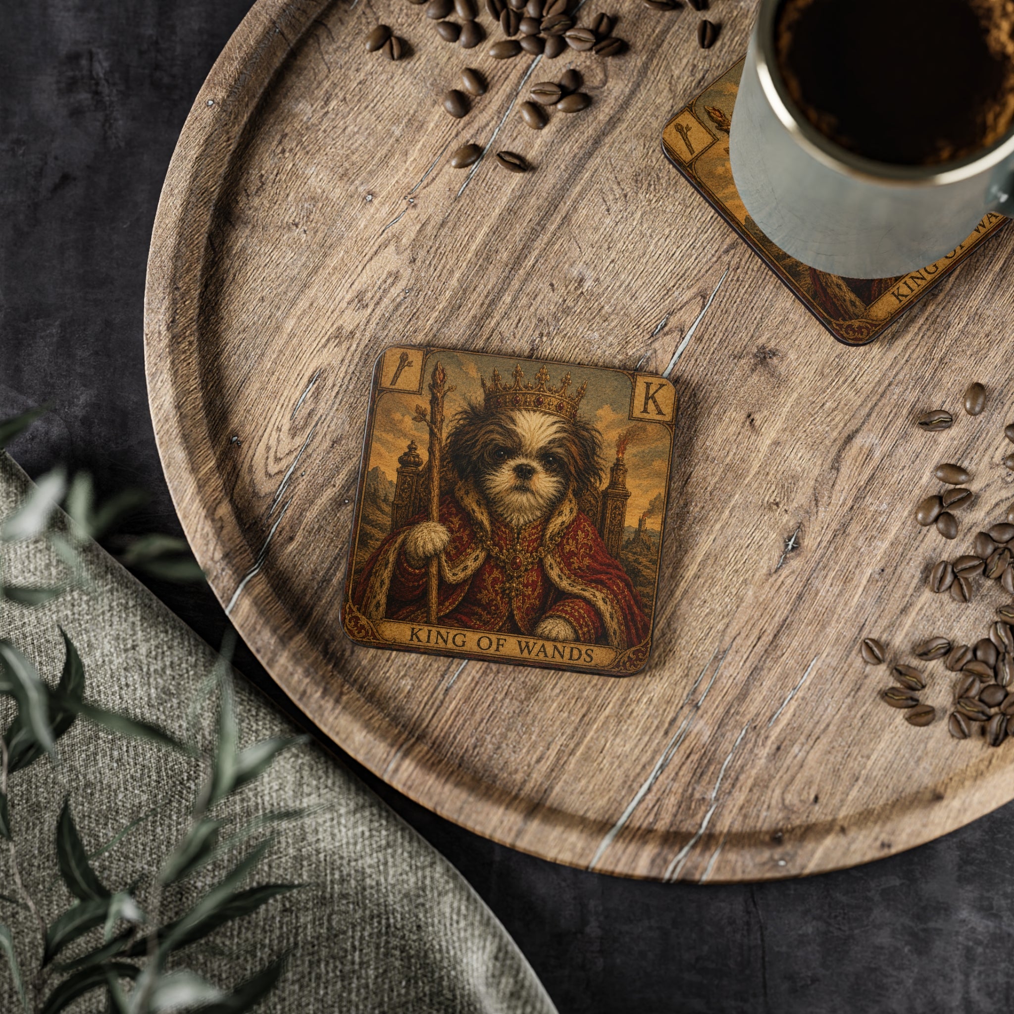 King of Wands Dog Coasters — Vintage Tarot Playing Card Drink Coaster Set