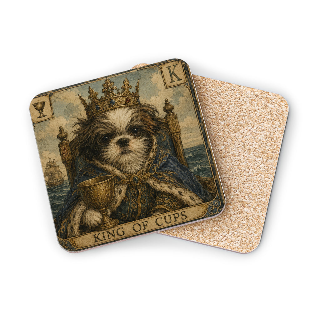 Tarot King of Cups Dog Coasters — Vintage Crowned Pup Drink Coaster Set