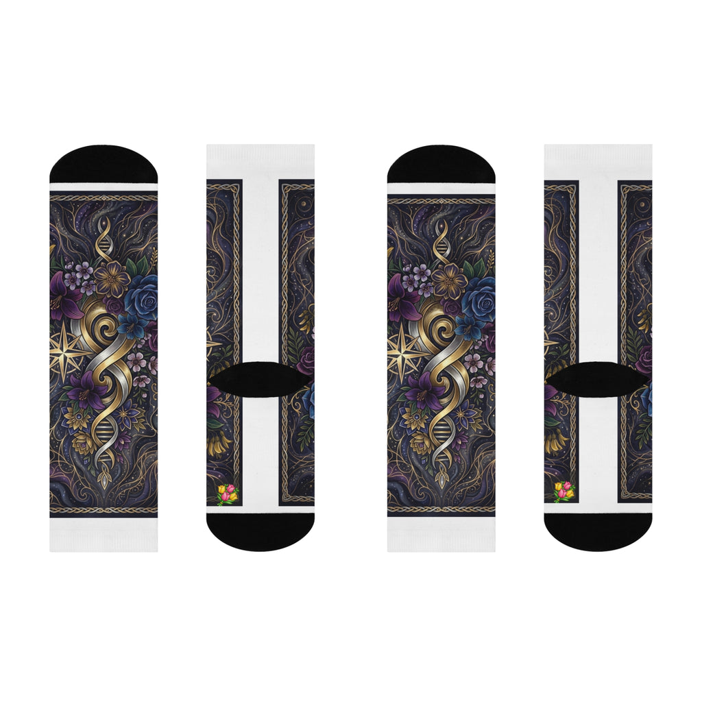 Mystic Gold Compass Crew Socks — Gothic Floral Nautical Design