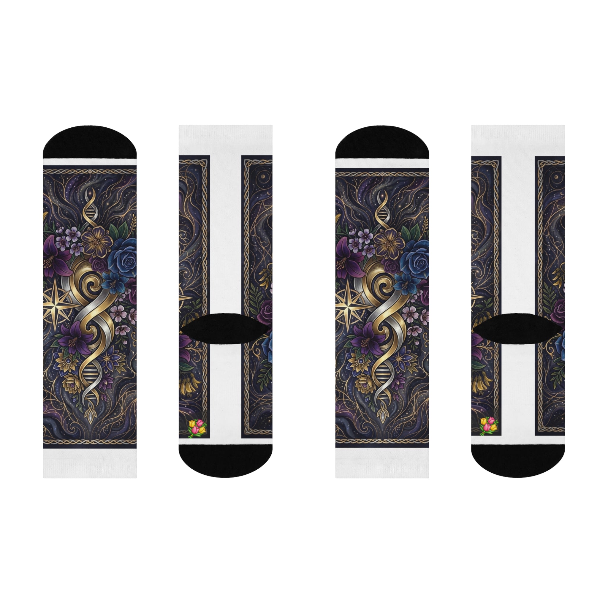 Mystic Gold Compass Crew Socks — Gothic Floral Nautical Design