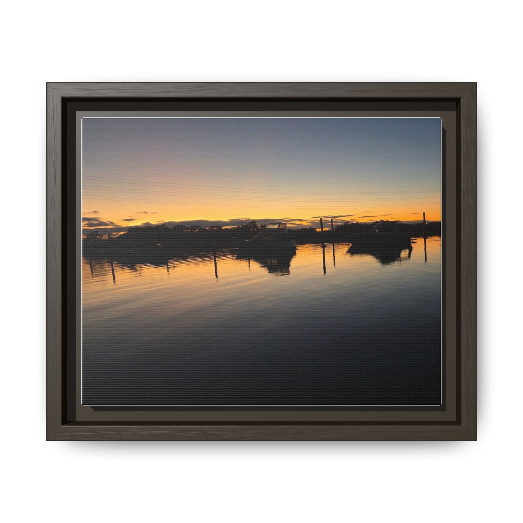 Framed Matte Canvas Sunset Harbor Wall Art — Tranquil Coastal Landscape Print