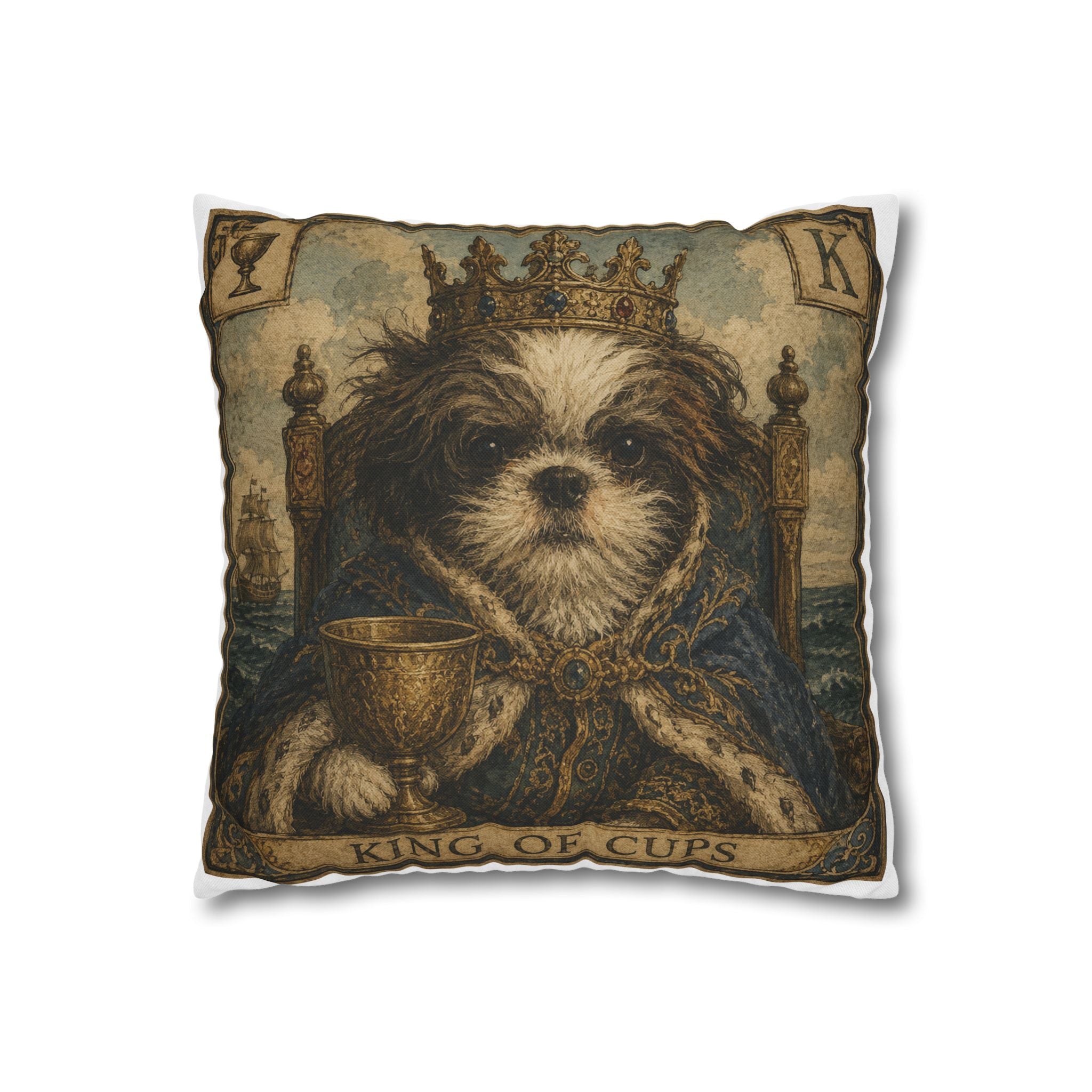 King of Cups Dog Pillowcase — Vintage Tarot Shih Tzu Decorative Throw Pillow Cover
