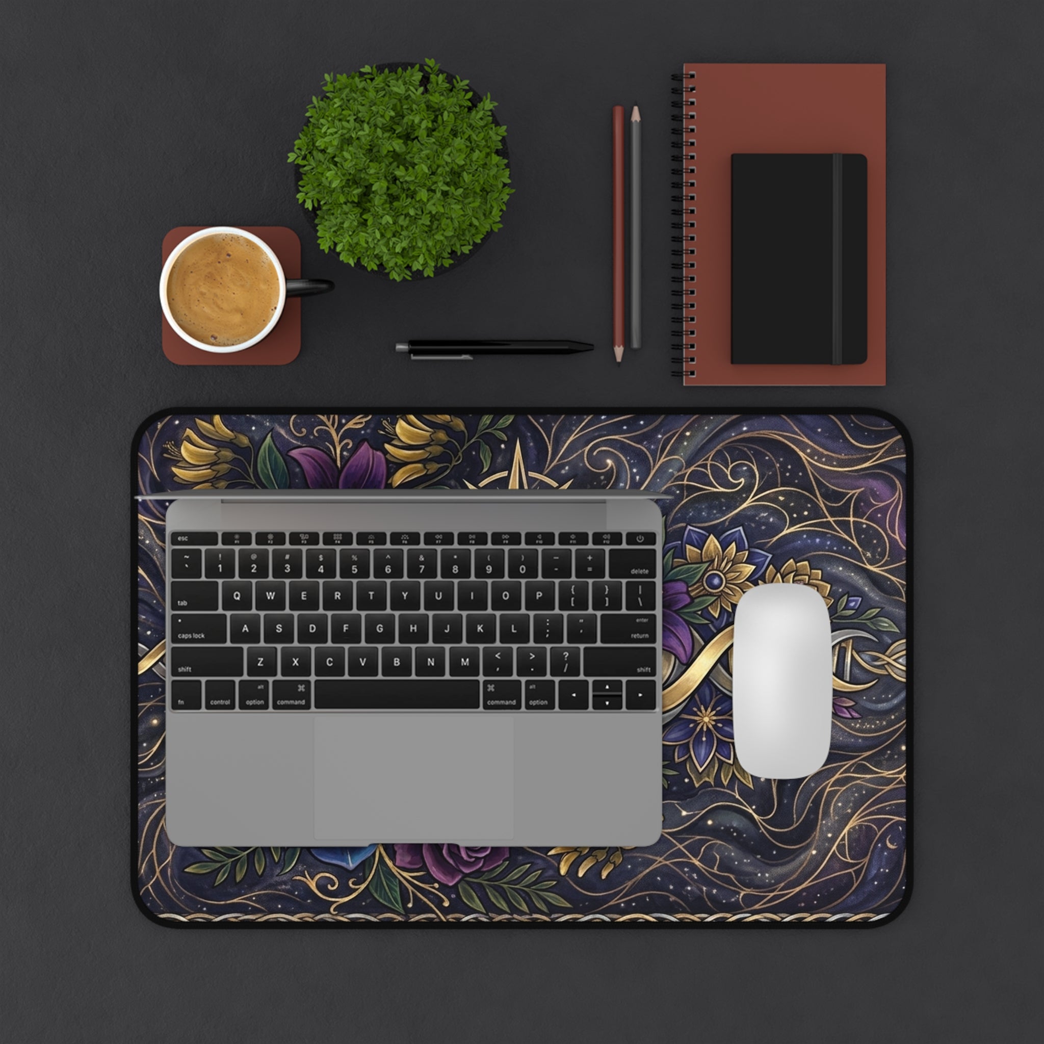Floral Gold Compass Desk Mat — Decorative Mouse Pad with Nautical Star & Infinity Ribbon