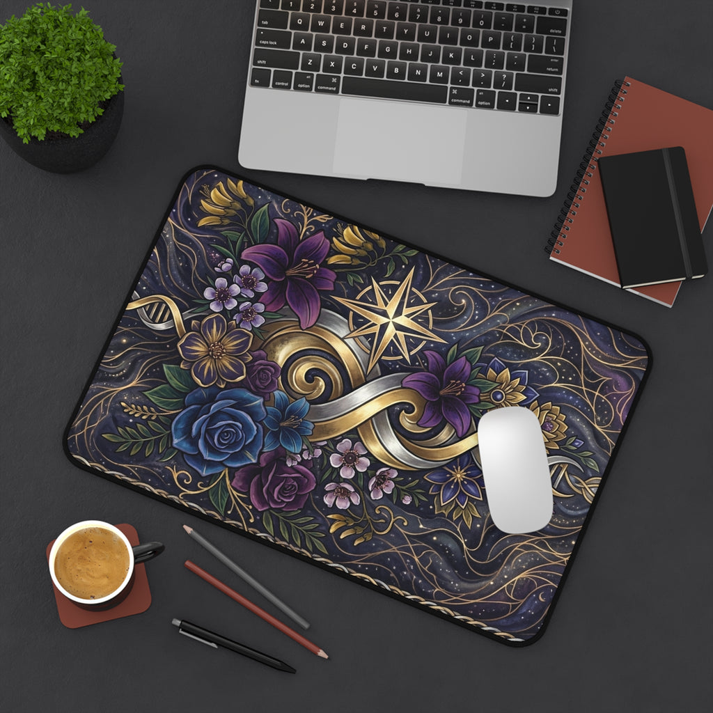 Floral Gold Compass Desk Mat — Decorative Mouse Pad with Nautical Star & Infinity Ribbon