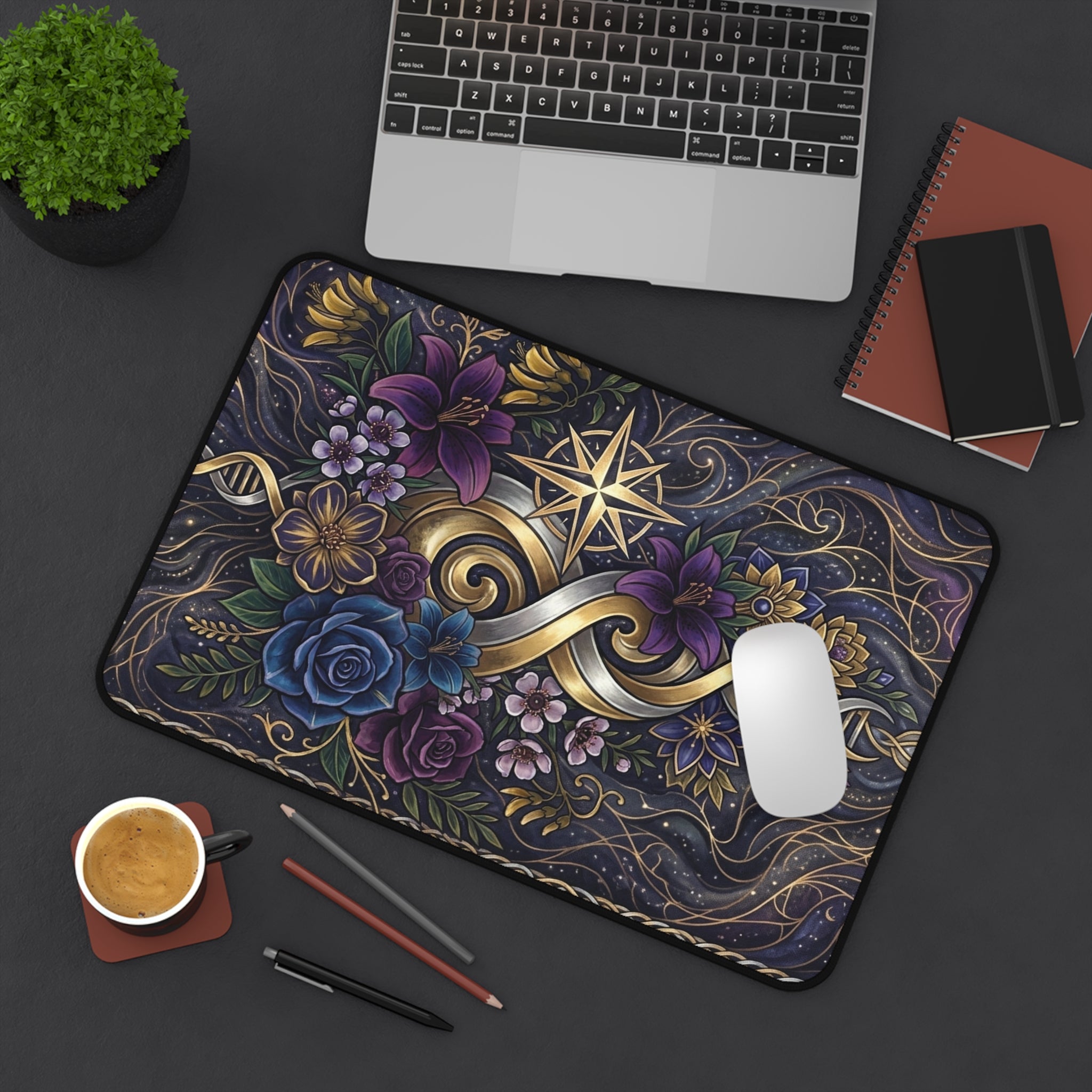 Floral Gold Compass Desk Mat — Decorative Mouse Pad with Nautical Star & Infinity Ribbon