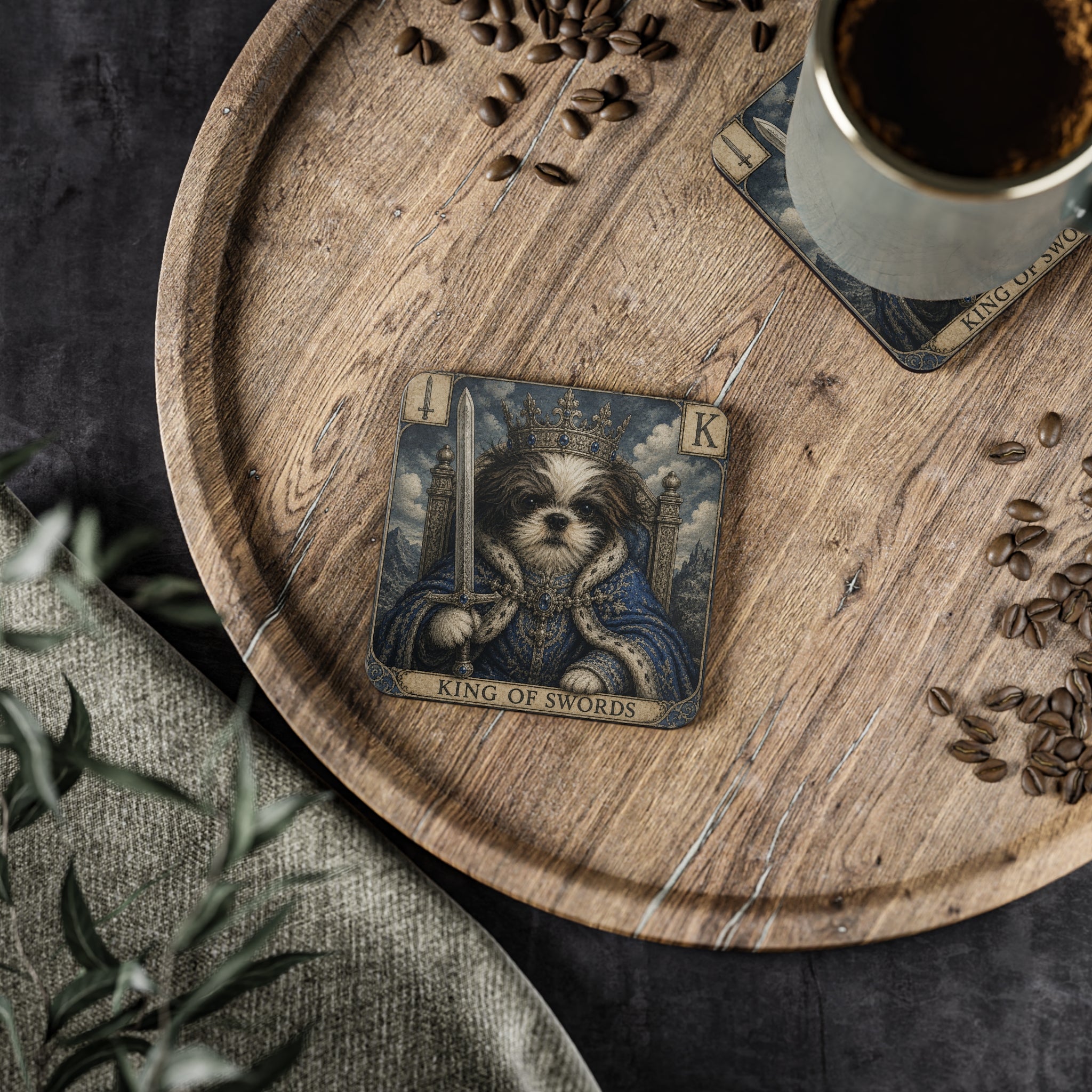 King of Swords Dog Tarot Coasters — Cute Shih Tzu Playing King (Set of 4)