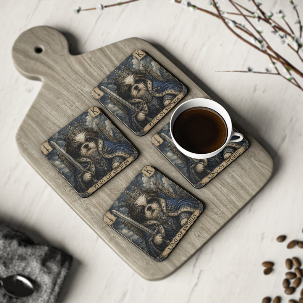 King of Swords Dog Tarot Coasters — Cute Shih Tzu Playing King (Set of 4)