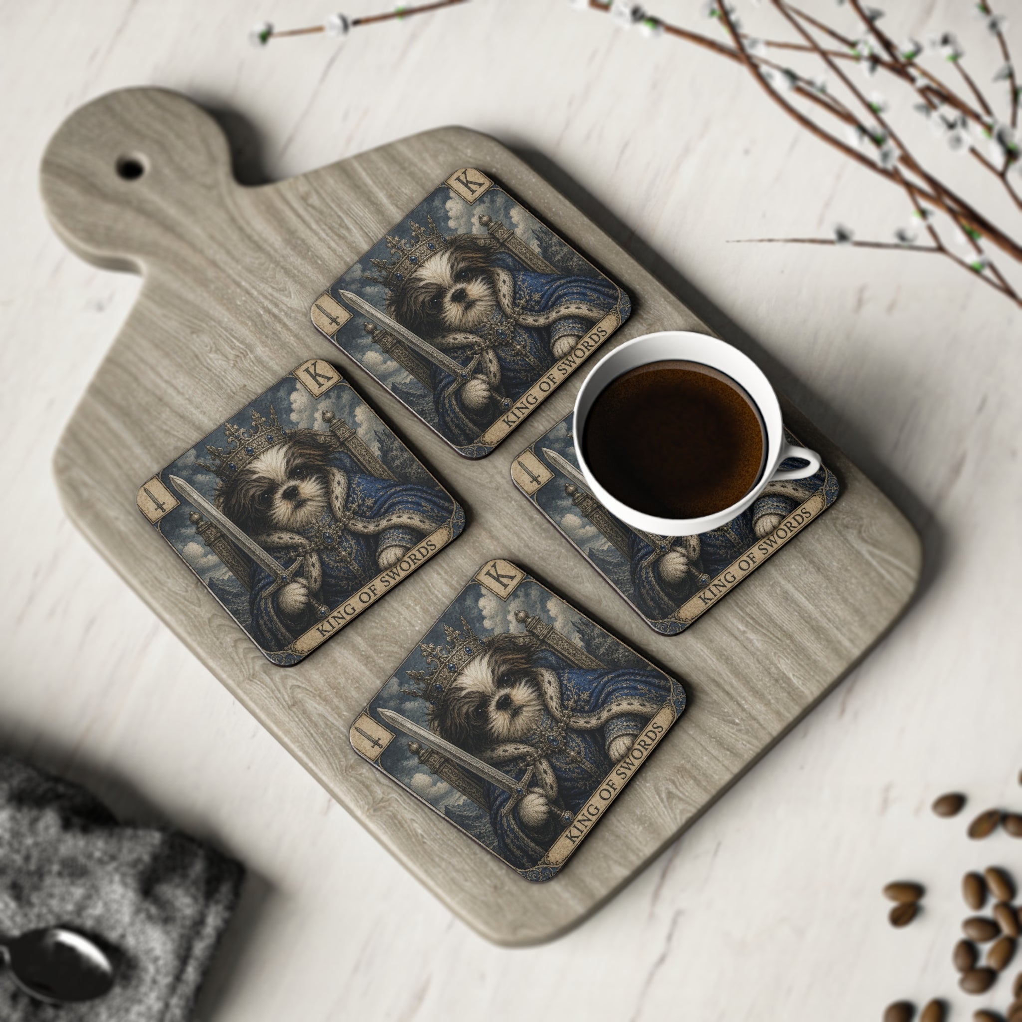 King of Swords Dog Tarot Coasters — Cute Shih Tzu Playing King (Set of 4)