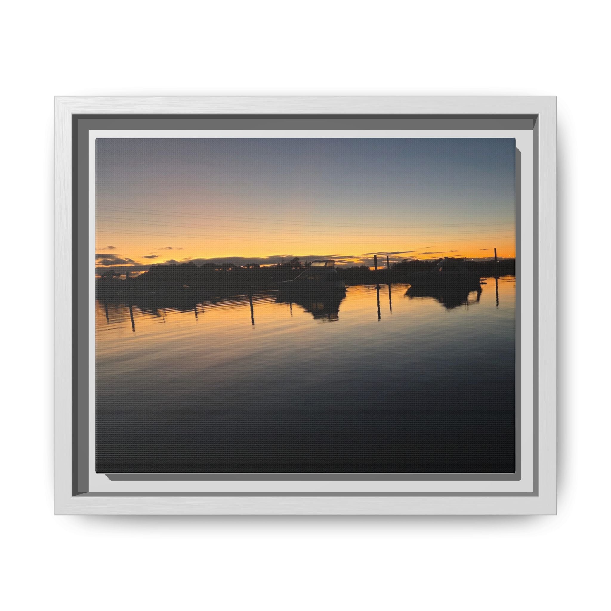 Framed Matte Canvas Sunset Harbor Wall Art — Tranquil Coastal Landscape Print