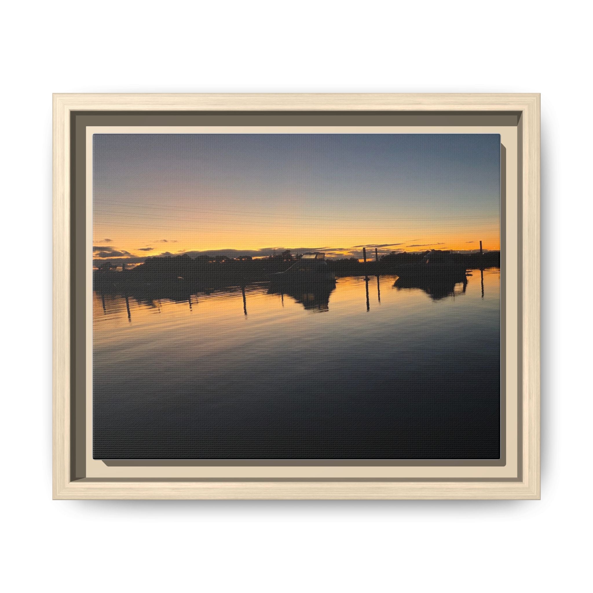 Framed Matte Canvas Sunset Harbor Wall Art — Tranquil Coastal Landscape Print