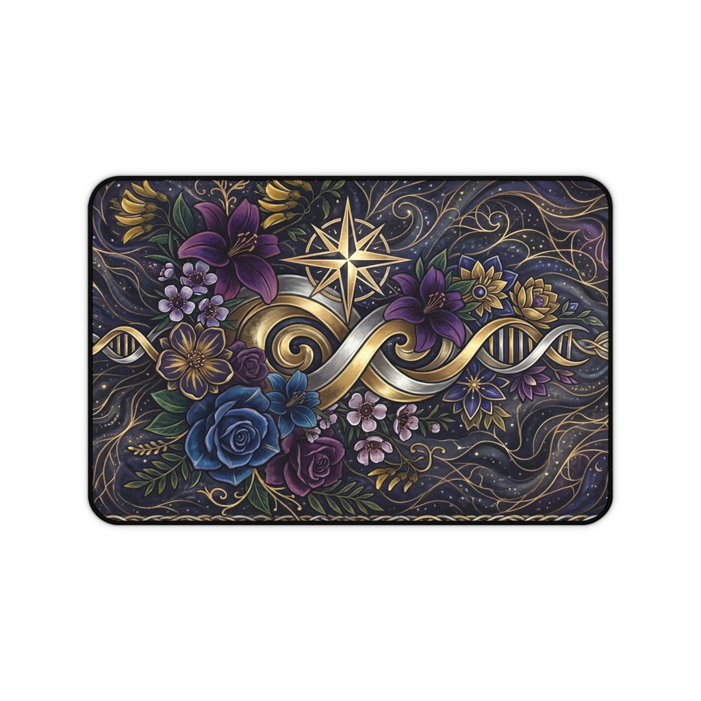 Floral Gold Compass Desk Mat — Decorative Mouse Pad with Nautical Star & Infinity Ribbon