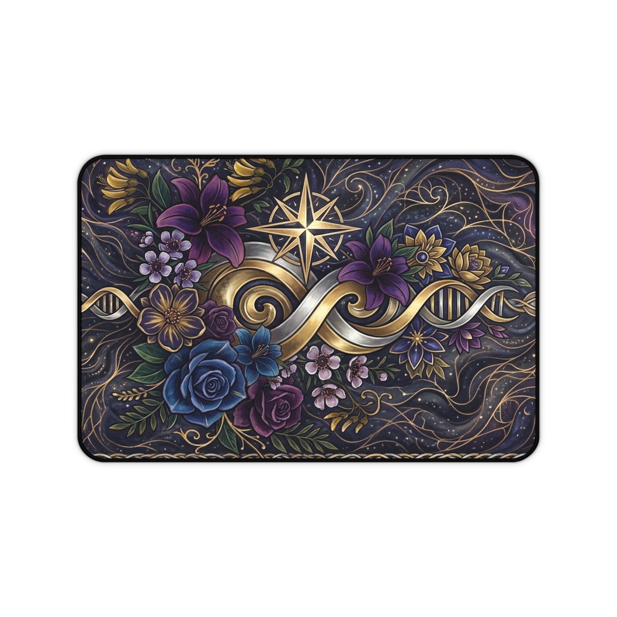 Floral Gold Compass Desk Mat — Decorative Mouse Pad with Nautical Star & Infinity Ribbon
