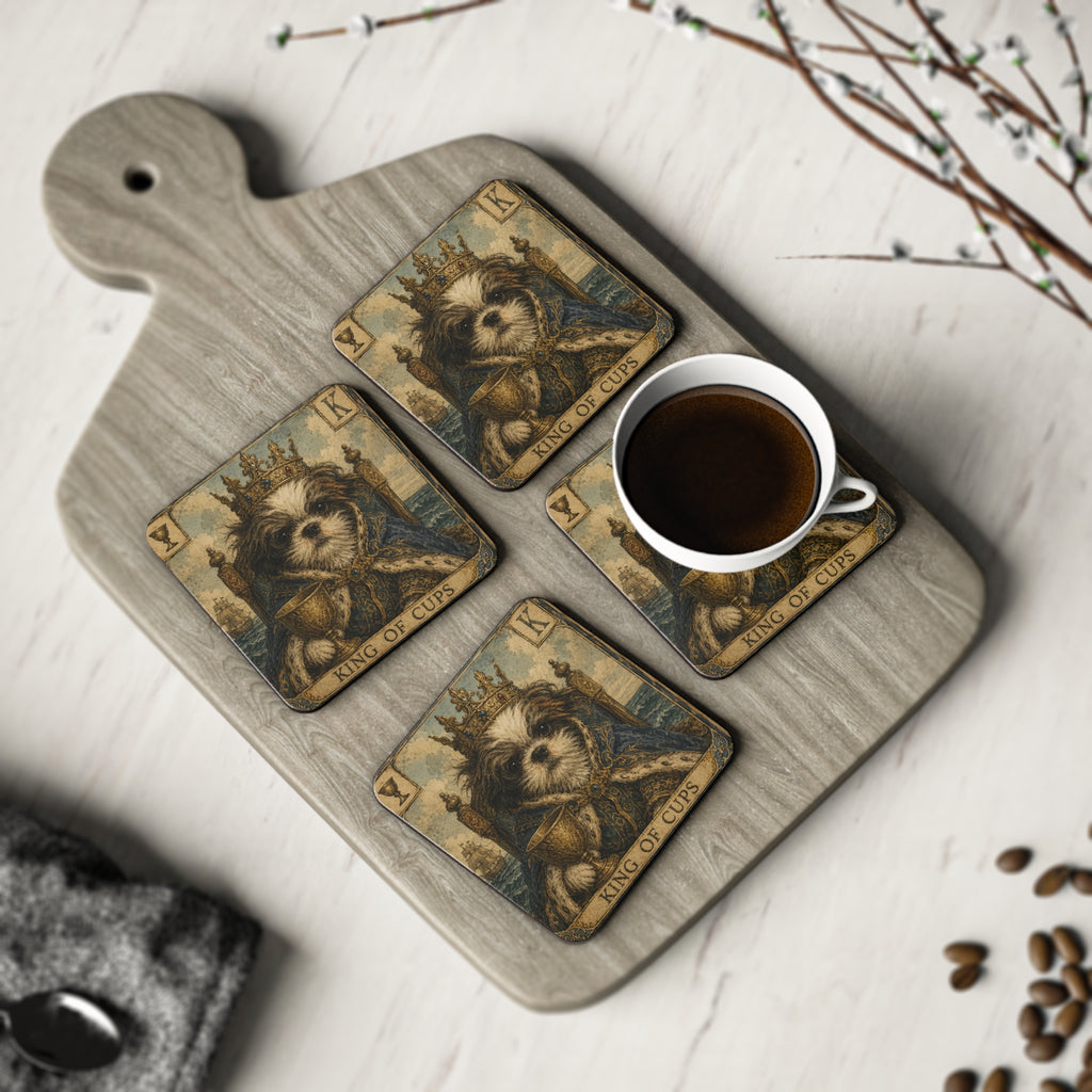 Tarot King of Cups Dog Coasters — Vintage Crowned Pup Drink Coaster Set