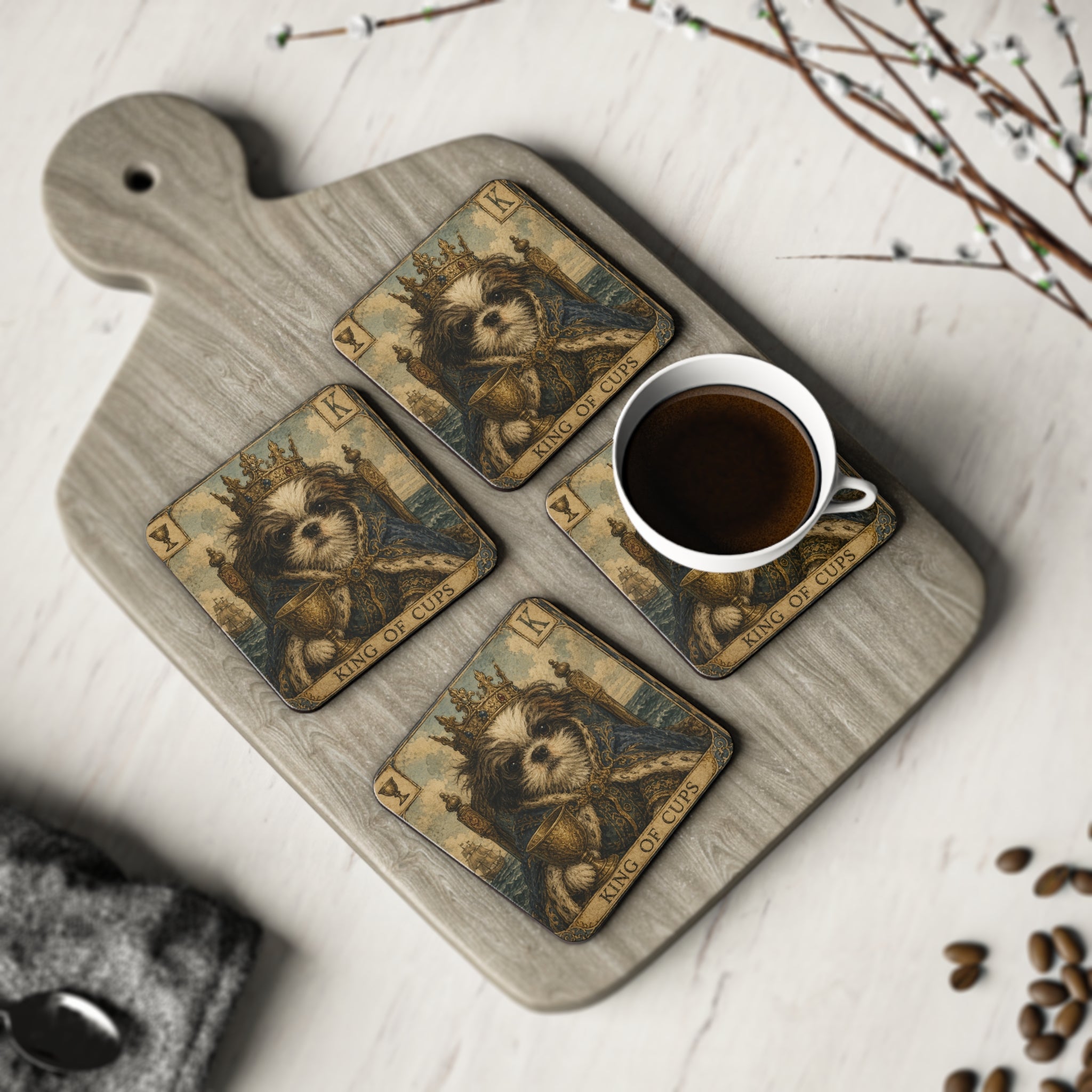 Tarot King of Cups Dog Coasters — Vintage Crowned Pup Drink Coaster Set