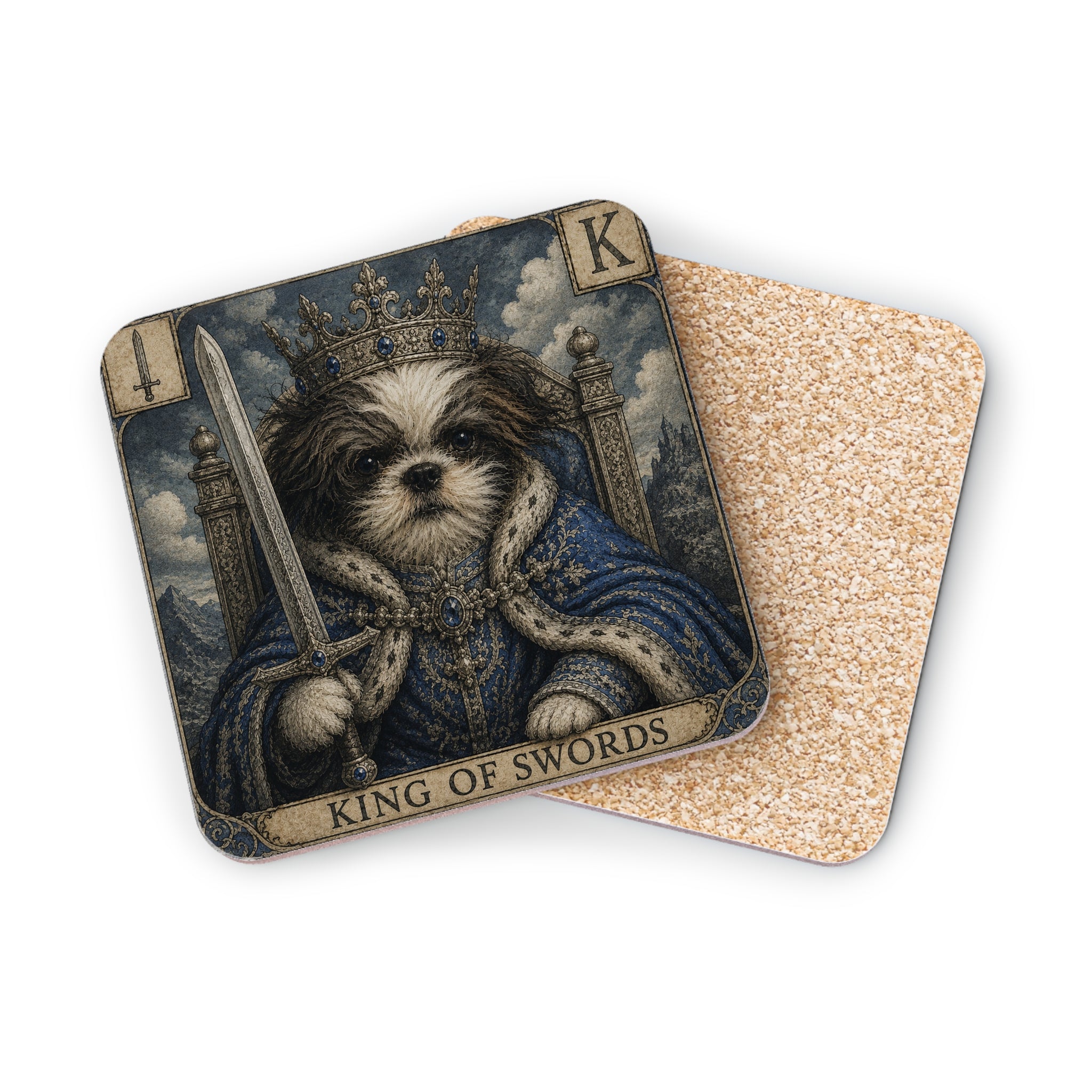 King of Swords Dog Tarot Coasters — Cute Shih Tzu Playing King (Set of 4)