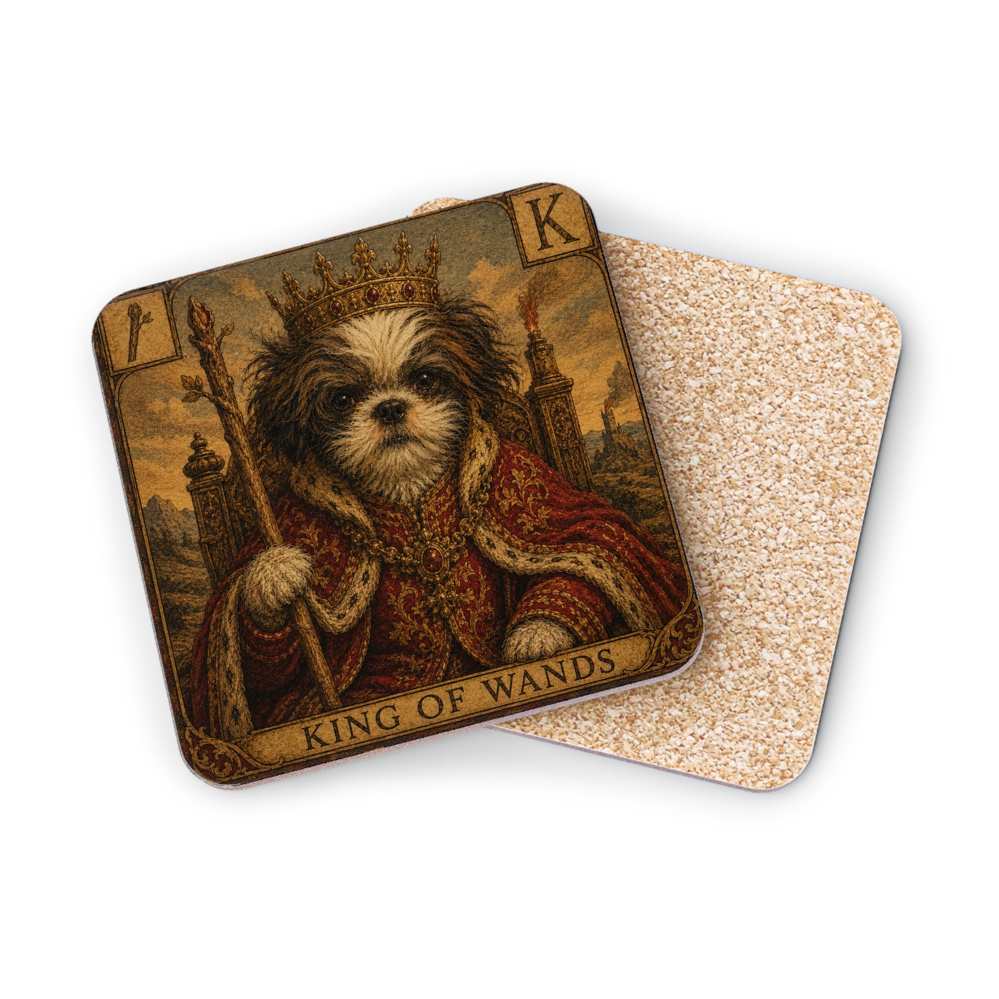 King of Wands Dog Coasters — Vintage Tarot Playing Card Drink Coaster Set