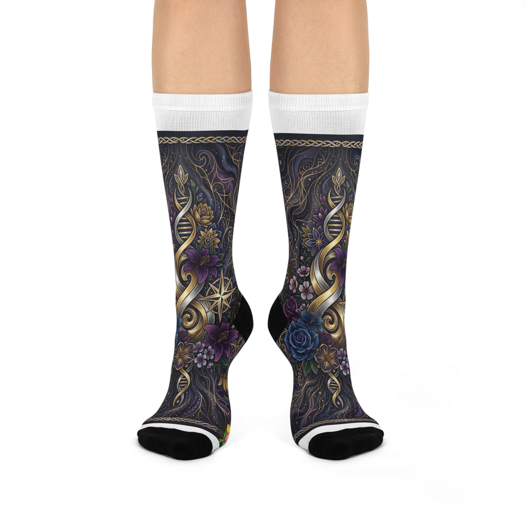 Mystic Gold Compass Crew Socks — Gothic Floral Nautical Design
