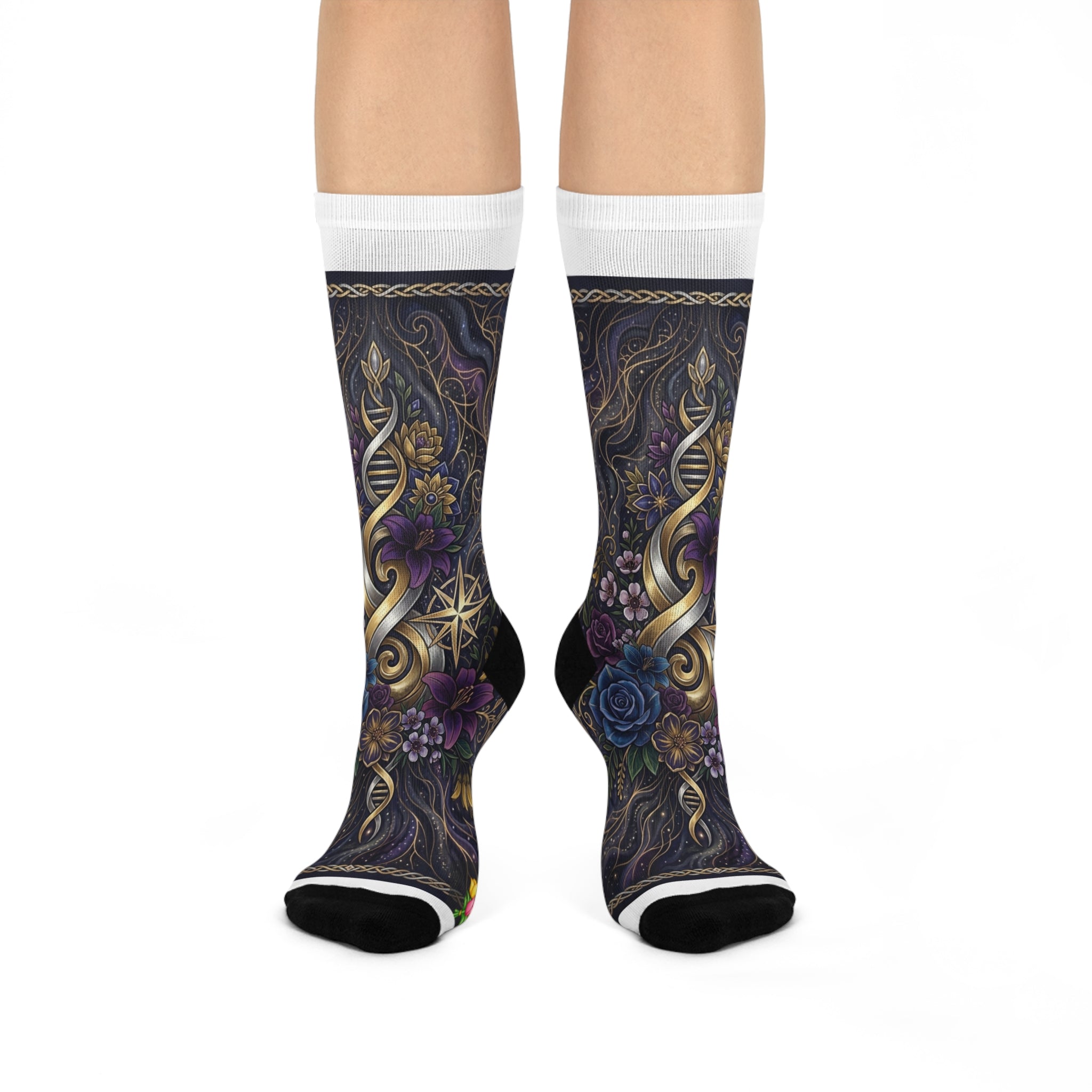 Mystic Gold Compass Crew Socks — Gothic Floral Nautical Design